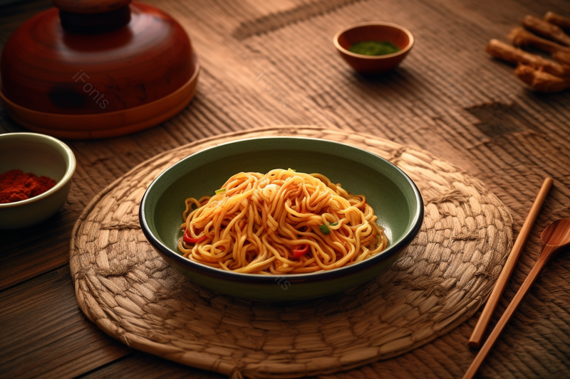 色香味俱全的葱油拌面在竹编的垫子上,高清,摄影图,摄影图片,图片大全,摄影图免费下载